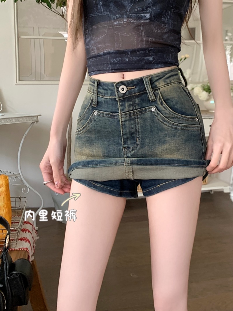 實拍#新款高腰牛仔半身短裙女辣妹設計感拼接a字包臀褲裙