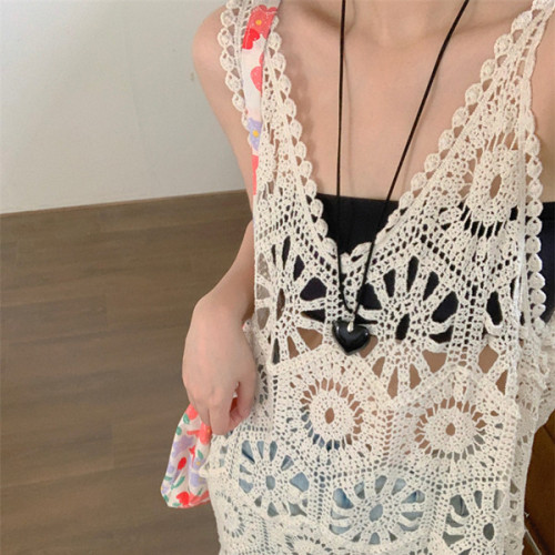 Retro crocheted hollow vest dress for women summer 2024 new design V-neck stacked loose knitted dress