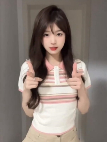 韩国甜辣妹正肩polo领短袖T恤女夏季设计感撞色条纹针织短款上衣