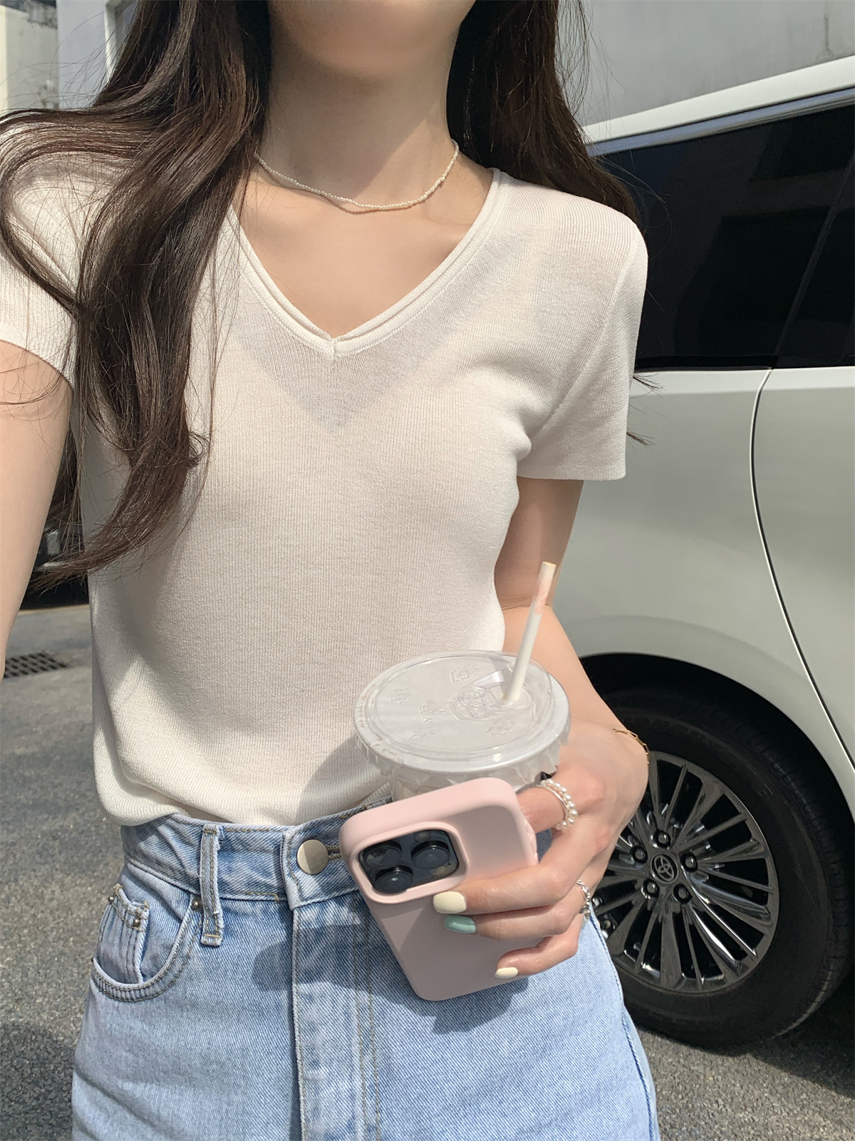 實拍 夏季韓版v領簡約百搭純色天絲高級感針織短袖上衣女
