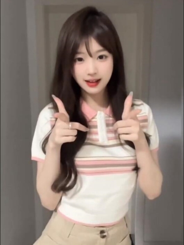 韩国甜辣妹正肩polo领短袖T恤女夏季设计感撞色条纹针织短款上衣