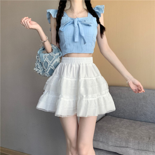 Real photo of lace cake A-line short skirt high waist white mesh skirt for women