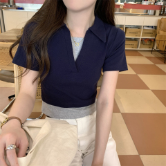 實拍 夏季韓版正肩撞色polo領假兩件設計感純棉短袖T恤上衣女