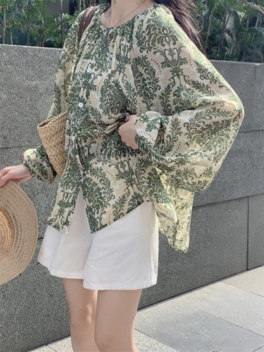 B019 real shot plus size summer slim French chic floral lantern sleeve chiffon sunscreen shirt women's top suit