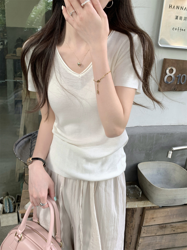 實拍 夏季韓版氣質v領簡約百搭純色天絲針織短袖上衣女