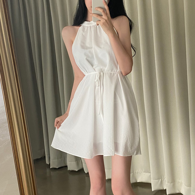 尺碼已更新chic夏季法式掛脖露肩連衣裙女氣質減齡系帶公主裙