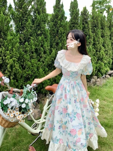 Plus size summer platycodon French floral square neck dress ruffles temperament waist slimming forest style imperial sister long skirt
