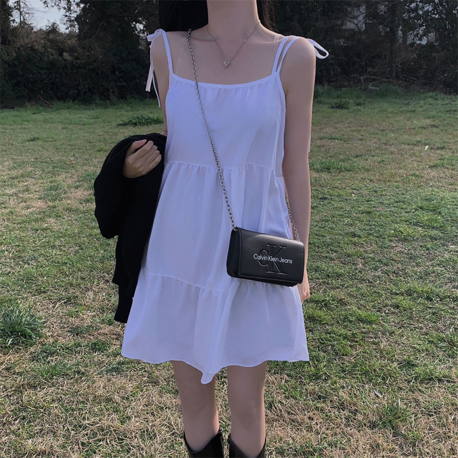Korean chic, French sweet temperament, minimalist casual, petite, belt-dress, spaghetti-strap dress, short skirt for women