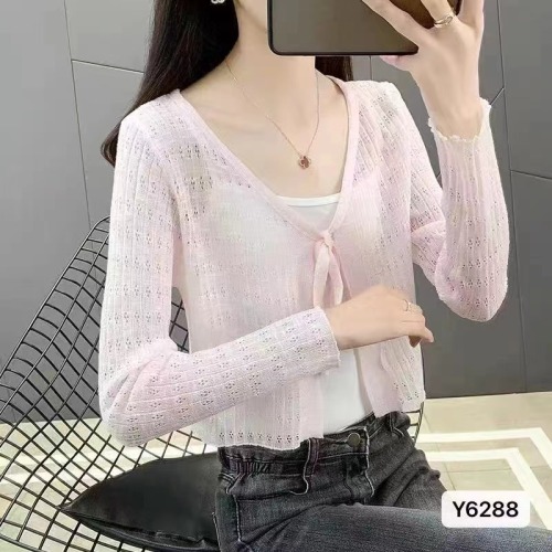 2024 new summer style sweet and spicy V-neck hollow design slightly see-through sun protection clothing cardigan top for women