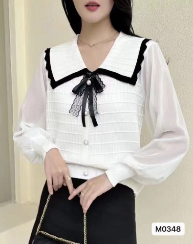 New style French doll collar splicing fake two piece chiffon long sleeve top for women