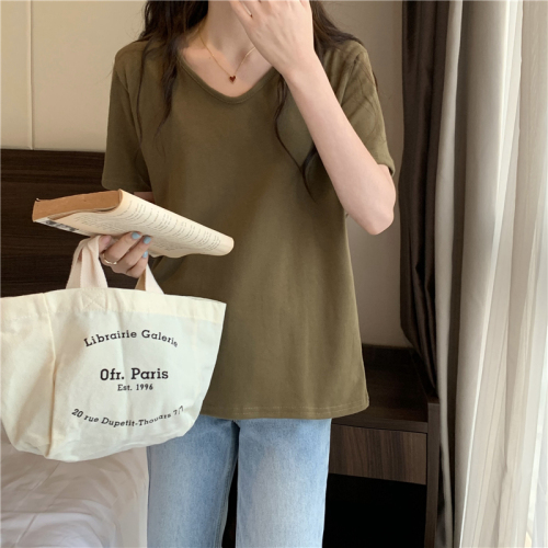 实拍 新款 韩版v领t恤女短袖宽松纯色设计感小众上衣