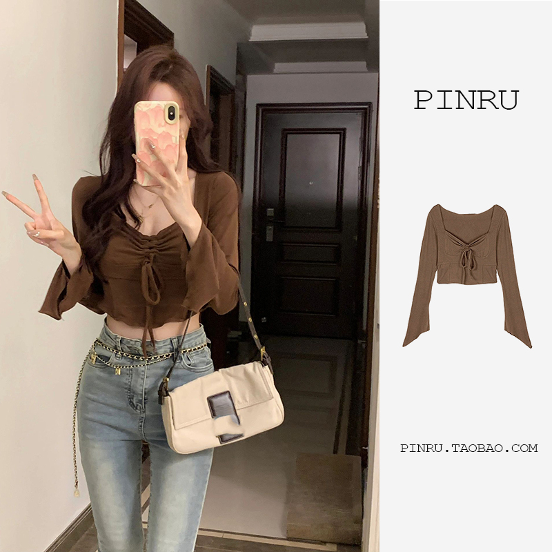 -40 modal 260g rayon sexy hot girl fishbone long-sleeved T-shirt women's new autumn slimming short top