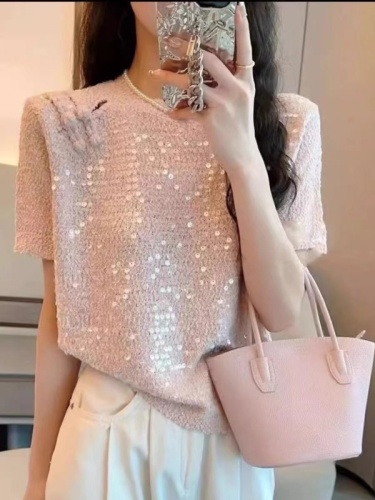 2024 Summer New Fashion New Chinese Style Hollow Disc Button Sequined Short Sleeve Tops for Women