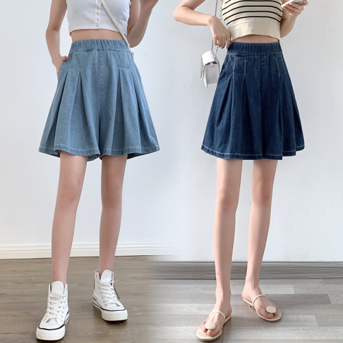 Real shot of extra large size high-waisted denim five-quarter pants skirt for women in summer fat mm wide-leg skirt mid-pants pleated women's pants for women