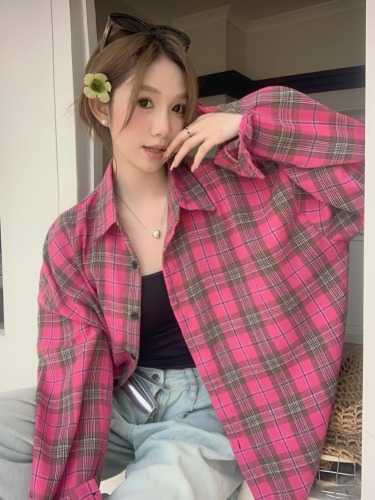 Real shot of American retro white rose pink plaid long-sleeved shirt for women spring and summer new niche loose shirt jacket