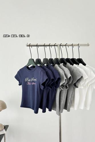FFU 短袖女2024夏季新款高弹彩色烫钻字母美式辣妹显瘦小短T恤