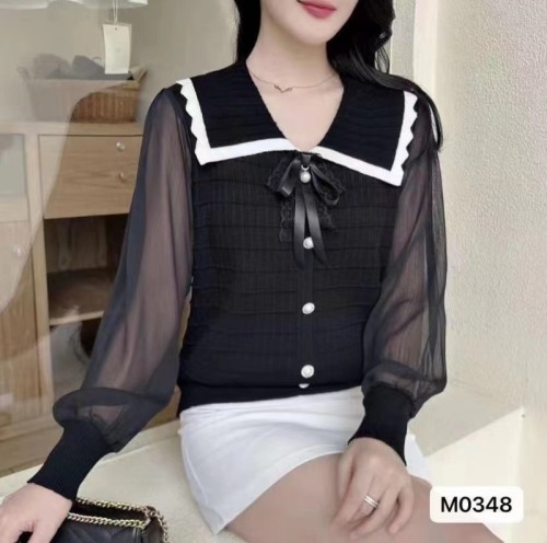 New style French doll collar splicing fake two piece chiffon long sleeve top for women