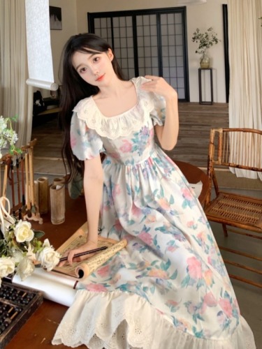 Plus size summer platycodon French floral square neck dress ruffles temperament waist slimming forest style imperial sister long skirt