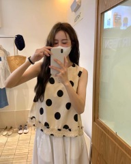 韓國東大門復古波點背心設計感的木耳邊下擺修身顯瘦氣質女