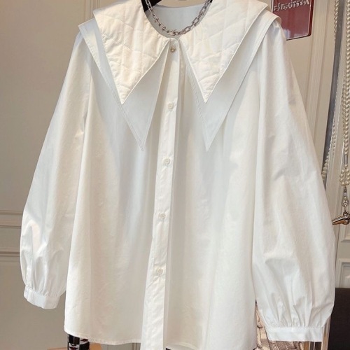 特大码胖m300斤法式娃娃领设计感小众宽松休闲菱形格尖领白色衬衫