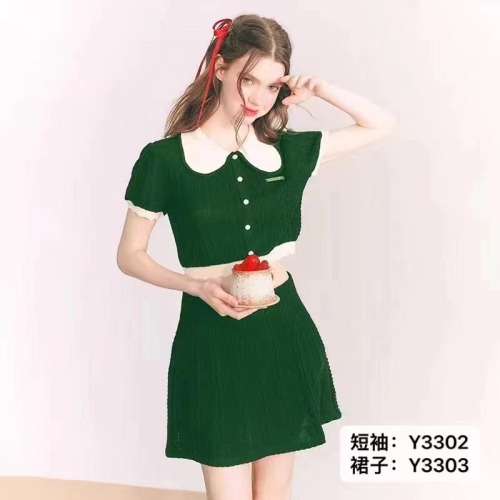 2024 new summer style French doll collar color-blocked buttoned short-sleeved + short skirt set two-piece set