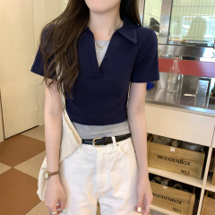 實拍 夏季韓版修身撞色polo領假兩件設計感純棉短袖T恤上衣女