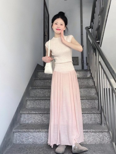 Tea style high-waist A-line skirt for small women new summer gentle pink suit