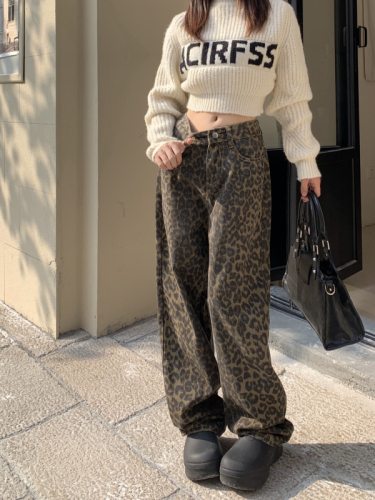 Real shot!  !  New leopard print jeans for women, retro design, niche loose straight casual wide leg pants