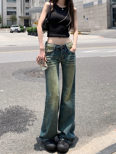 Actual shot ~ Distressed yellow retro blue jeans for women, niche design, loose slimming straight pants
