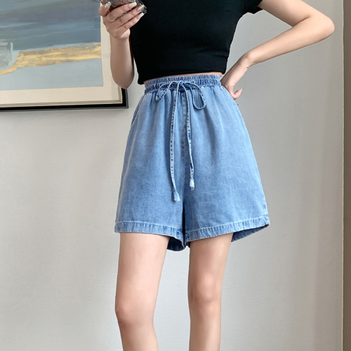 Real shot of college style Tencel five-point pants women's summer thin elastic loose wide-leg denim shorts