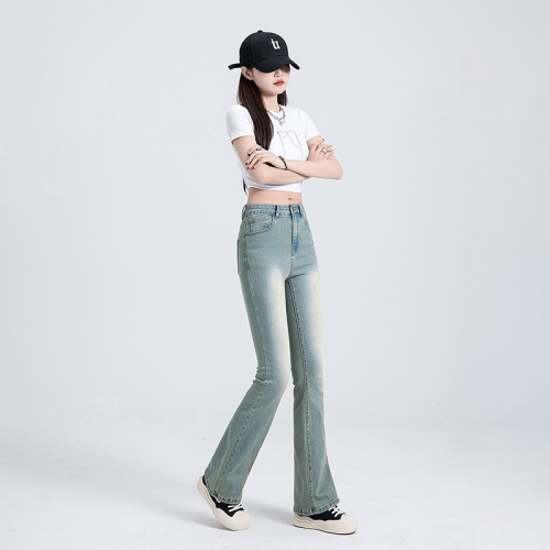 Light yellow mud-dyed elastic micro-flare jeans for women in spring, high-waisted, large size, fat mm, slimming, pear-shaped body long pants