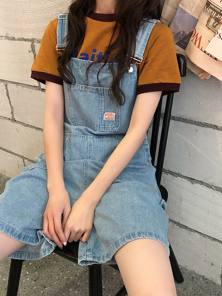 實拍 百搭復古藍色減齡牛仔背帶短褲女韓版寬鬆闊腿連體褲