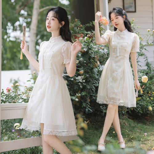 实拍新中式改良旗袍连衣裙女装2024新款夏季汉服国风小个子裙子