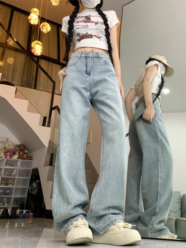 European spring new style crystal hot diamond sparkling straight jeans floor-length pants with long legs for fashionable women