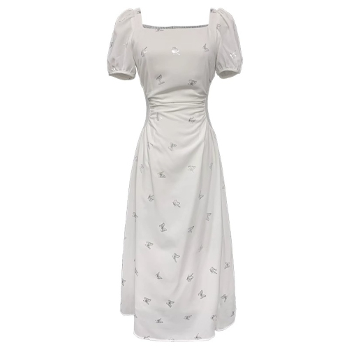 夏季2024新款小香风法式设计感小众高端气质收腰显瘦白色方领长裙