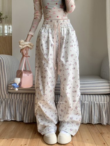 Actual shot of floral embroidered casual straight wide-leg pants for men and women, waist slimming, loose-fitting overalls trousers