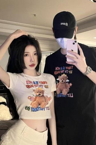 Real shot of cute bear print couple best friend style slim simple versatile long and short T-shirt for women summer
