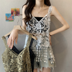 實拍 新款無袖鏤空流蘇V領蕾絲衫外穿背心女