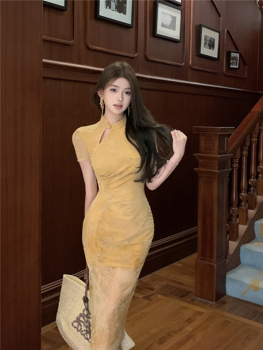 Vintage sexy new Chinese short-sleeved netting modified cheongsam floral slimming figure hugging skirt women's dress 