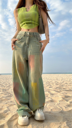 Real shot of colorful smudged jeans for hot girls, slim fit, high-waisted straight trousers + suspenders set, two-piece set