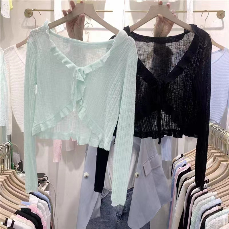 Excellent summer thin bamboo cotton colorful small shawl with suspender skirt short long-sleeved sun protection cover-up cardigan for women