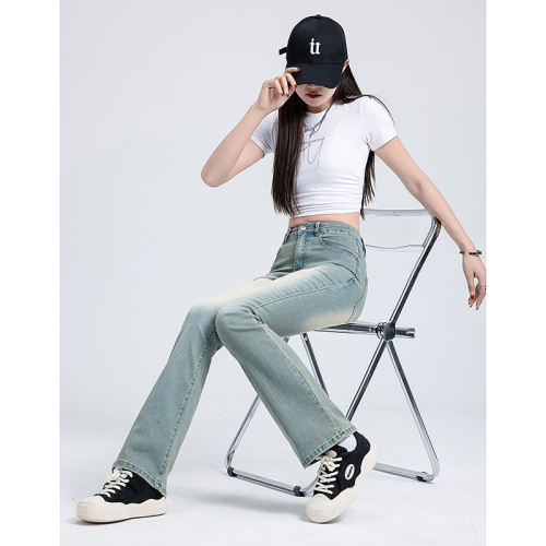 Light yellow mud-dyed elastic micro-flare jeans for women in spring, high-waisted, large size, fat mm, slimming, pear-shaped body long pants