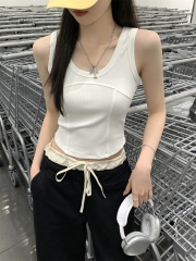 實拍 夏季韓版u領魚骨辣妹顯瘦百搭純棉短袖背心T恤女上衣