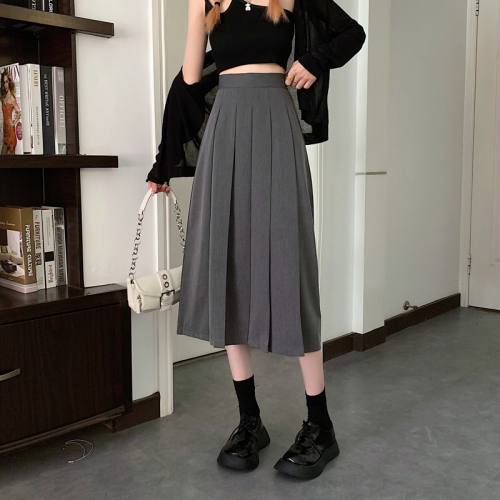 Real shot pleated skirt women's mid-length high-waist slimming JK2024 new A-line long skirt