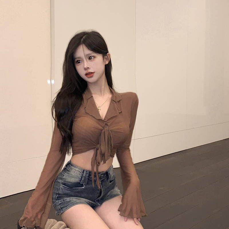 Lace-up see-through mesh long-sleeved shirt for women in summer pure lust sexy versatile slim design cardigan short top