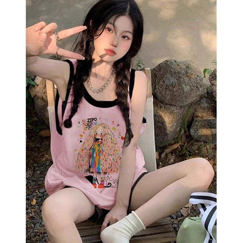 200克純棉夏季撞色拼花運動休閒背心女