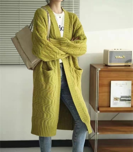 韩国慵懒风复古加厚针织开衫女高档气质长款外穿麻花毛衣外套