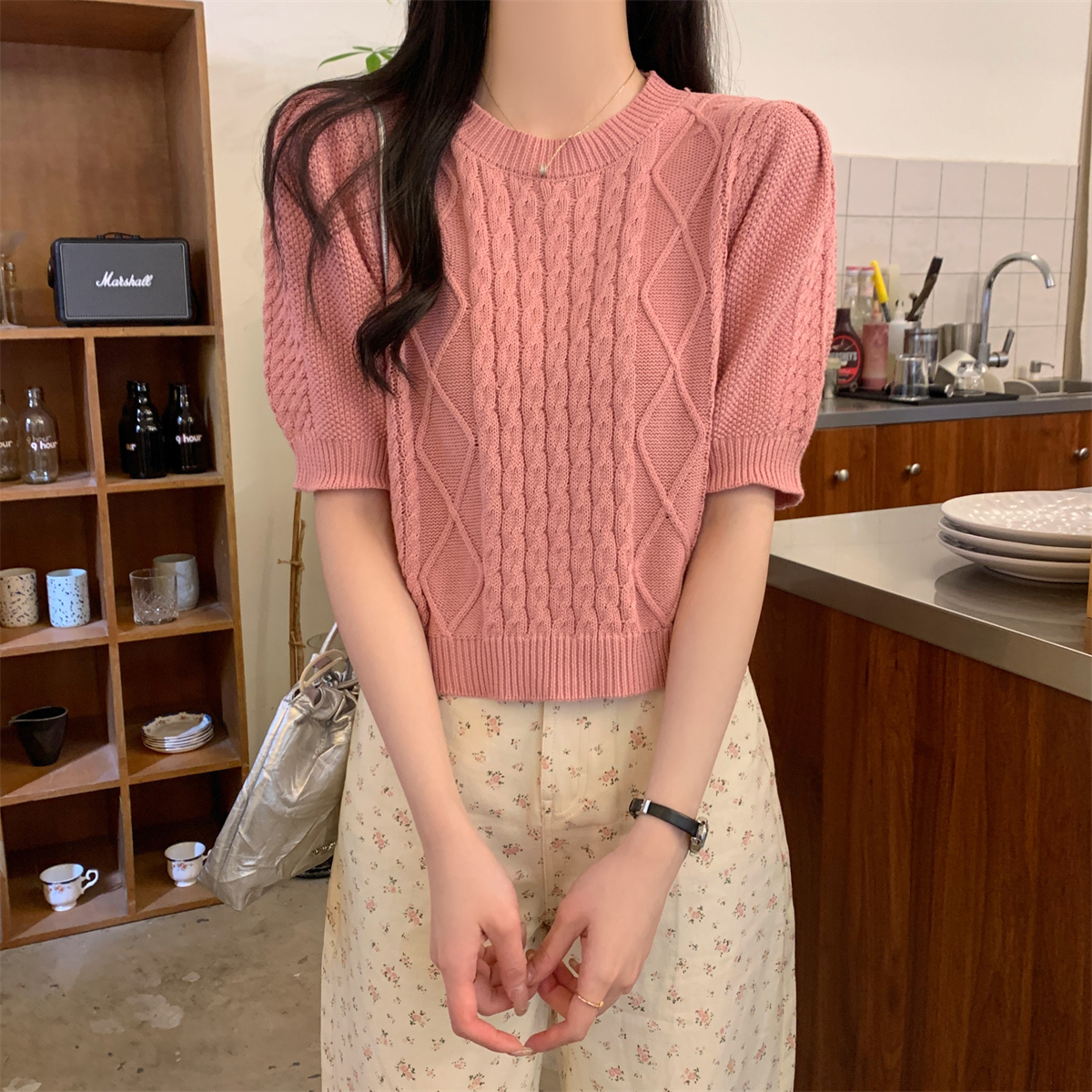 實拍 夏季韓版圓領麻花泡泡袖氣質百搭針織短袖上衣女