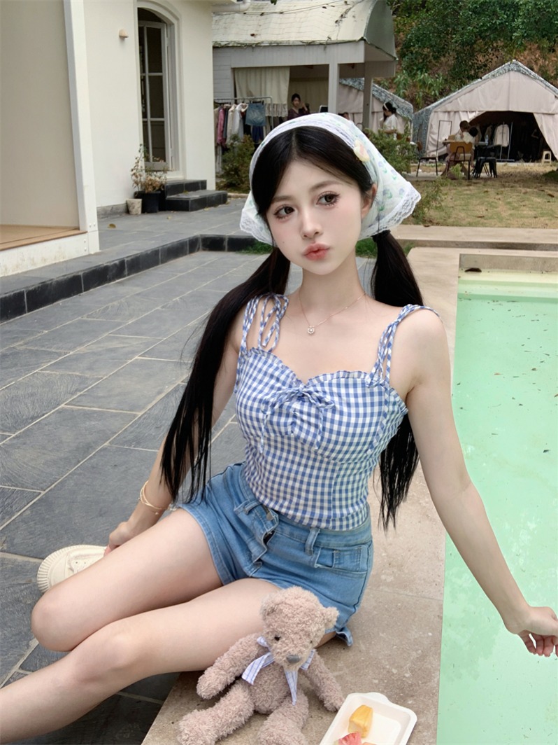 實拍~法式藍色辣妹格子吊帶泰式甜辣小短上衣女