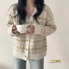 日系韓國復古寬鬆開衫外套秋天鬱金香 少女感 浪漫V領針織毛衣